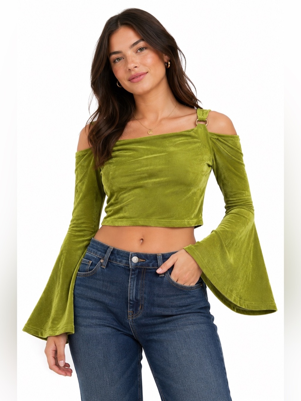NWT Cider Off The Shoulder Crop Top w Gold Hardware Flare Sleeve (Chartreuse) S